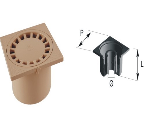 Siphon PVC carré, 150 x 150, coloris sable, Diam 50x40x63, Larg 85, Prof 150.