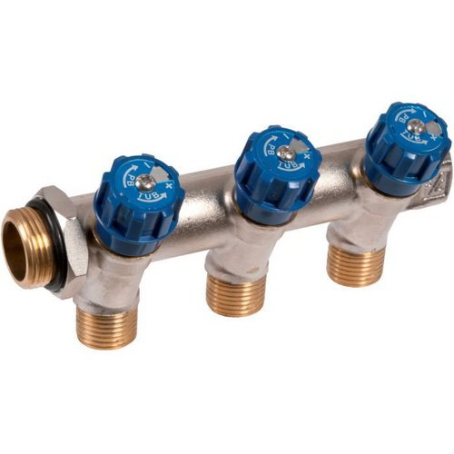 Collecteur MF3/4'' 3 sorties M 1/2'' avec vannes intégrées bleu
