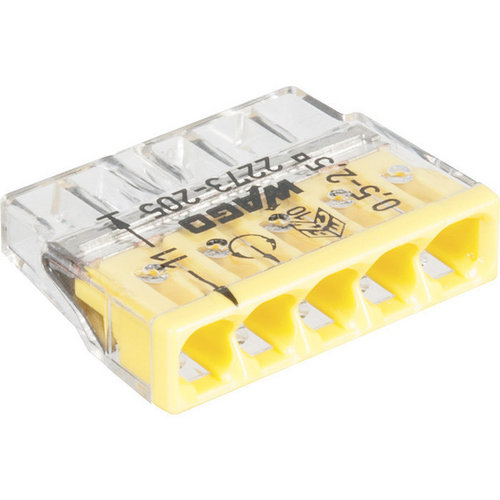 Borne de connexion Wago fil rigide transparent/jaune 5 fils - vendu par 100